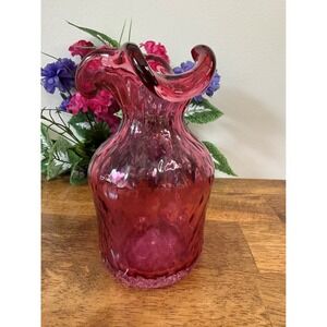 Fenton Diamond Optic Cranberry Ruffled Art Glass Vase – Hand-Blown Vintage Retro